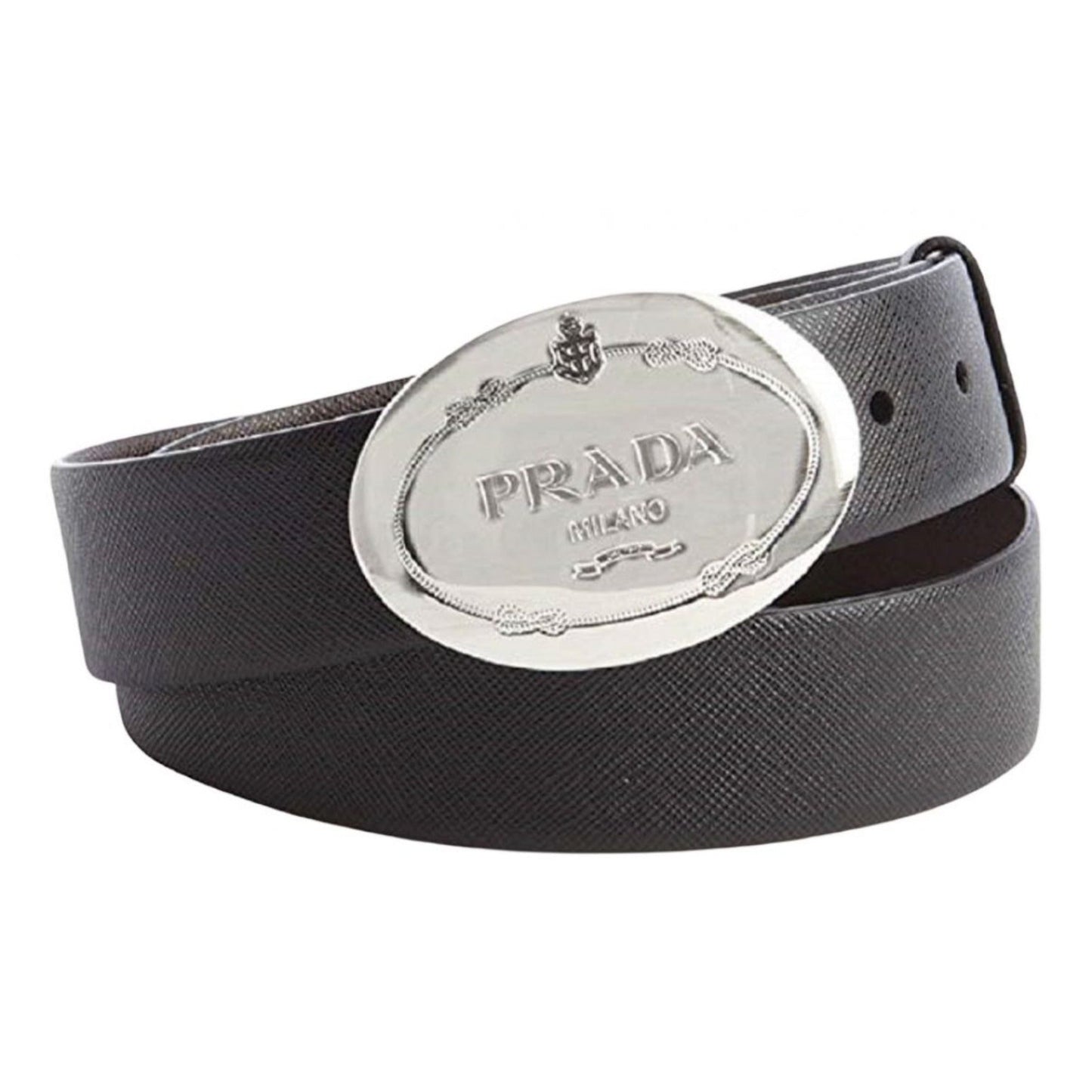 Luxury PradaBlack Saffiano Leather Engraved Oval Plaque Buckle Belt 110/44