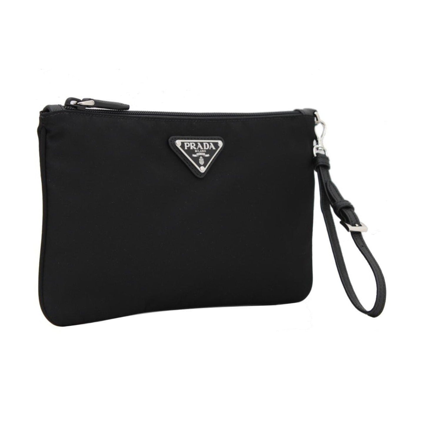 Luxury PradaBlack Tessuto Nylon Pouch Luxury PradaLogo Wristlet Clutch Bag
