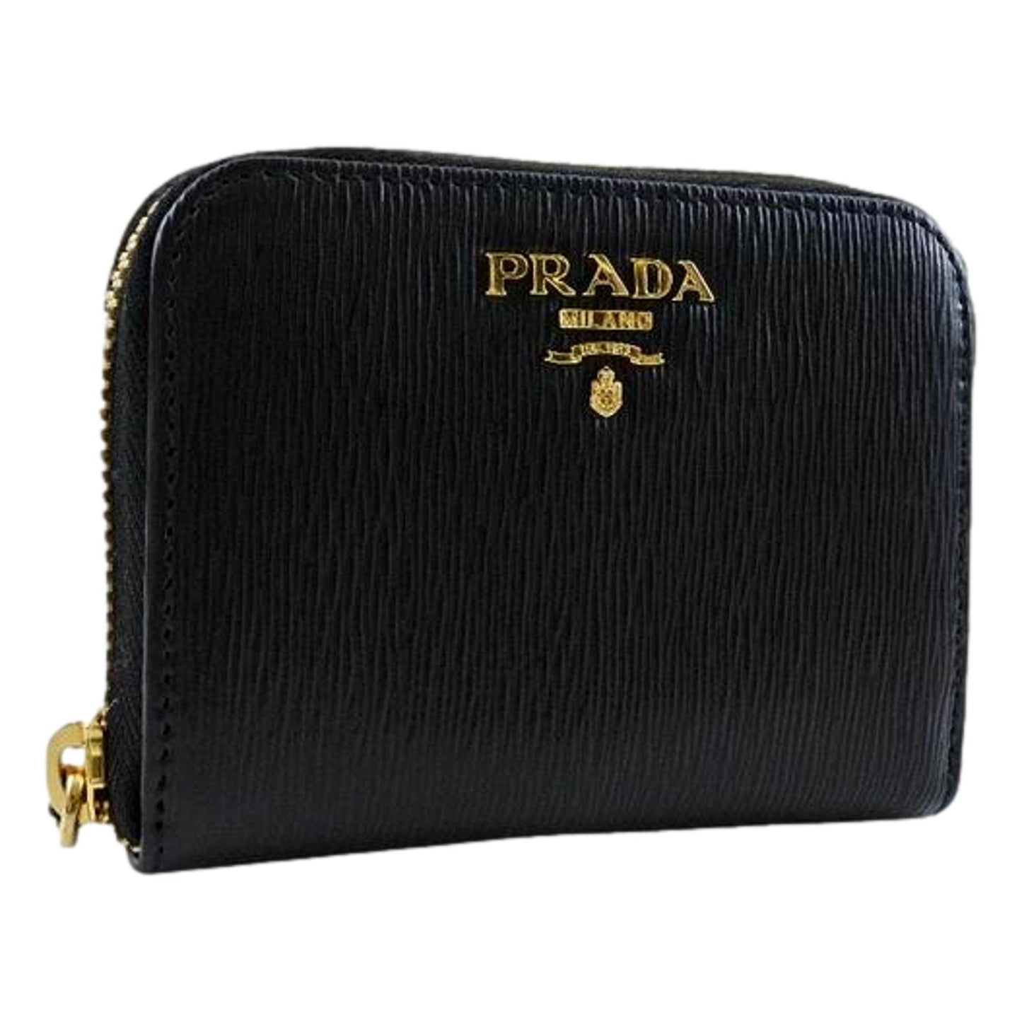Luxury PradaBlack Vitello Leather Gold Zip Coin Purse Wallet