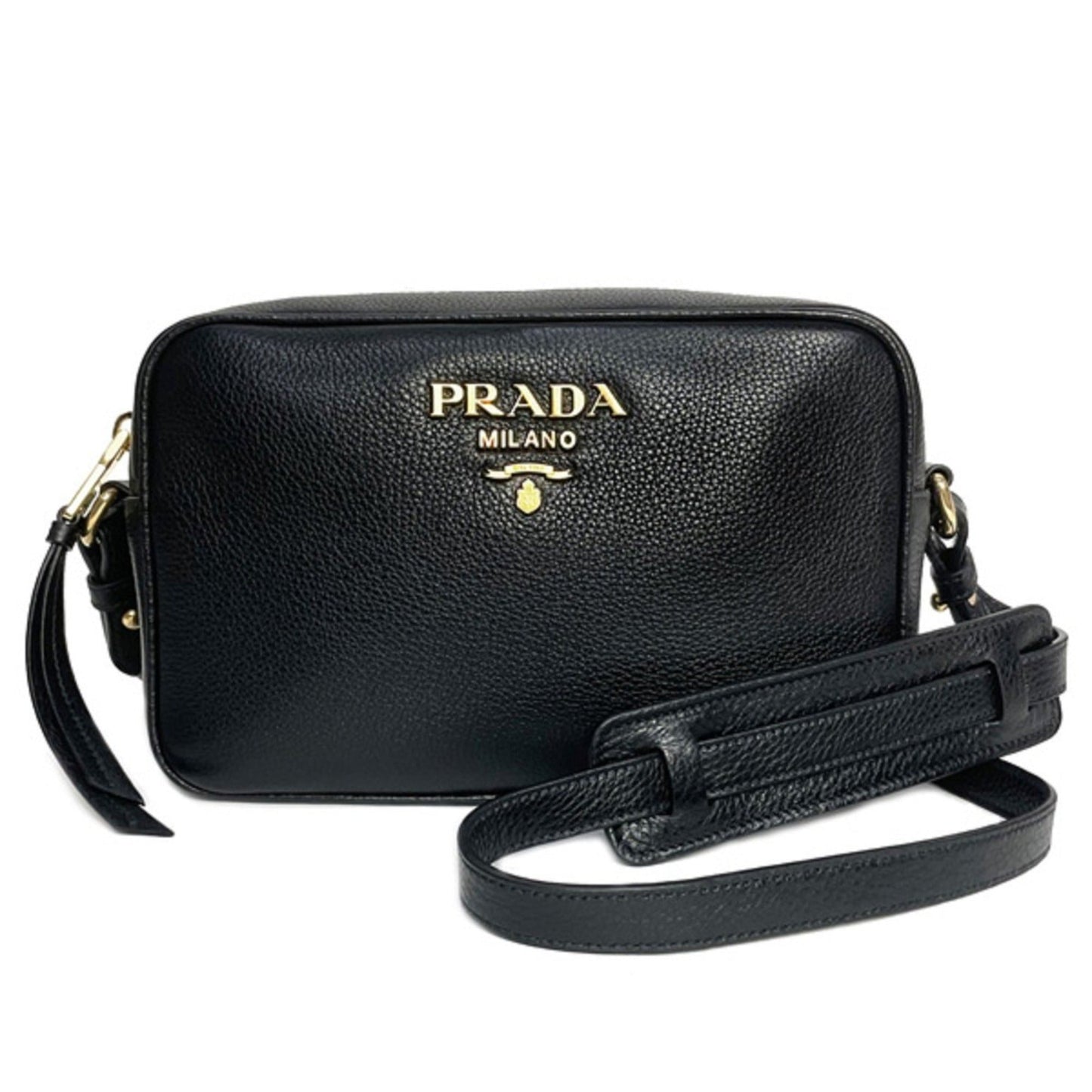 Luxury PradaVitello Phenix Black Leather Gold Logo Camera Crossbody Bag