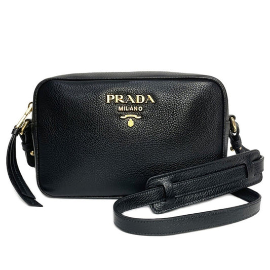 Luxury PradaVitello Phenix Black Leather Gold Logo Camera Crossbody Bag