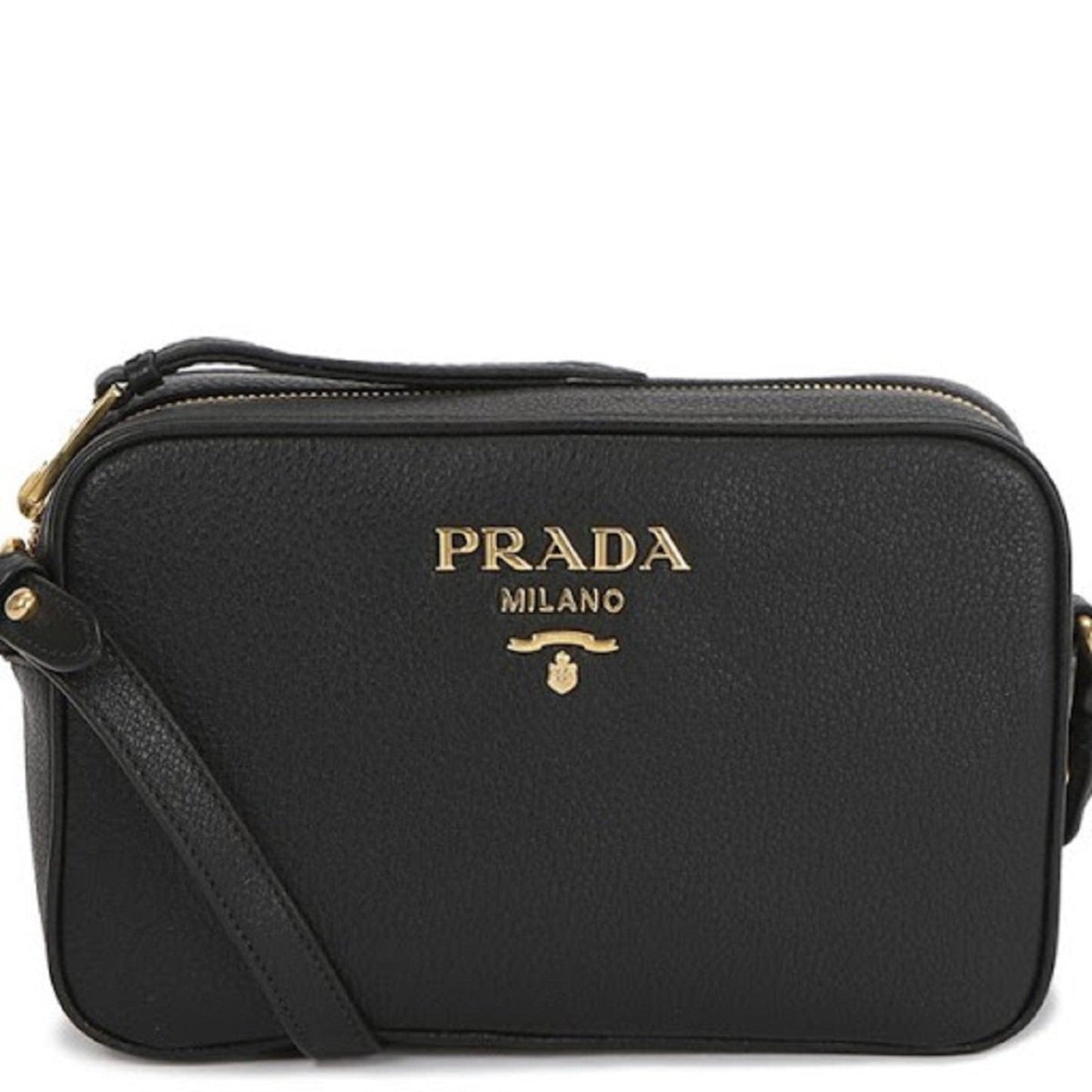 Luxury PradaVitello Phenix Black Leather Gold Logo Camera Crossbody Bag