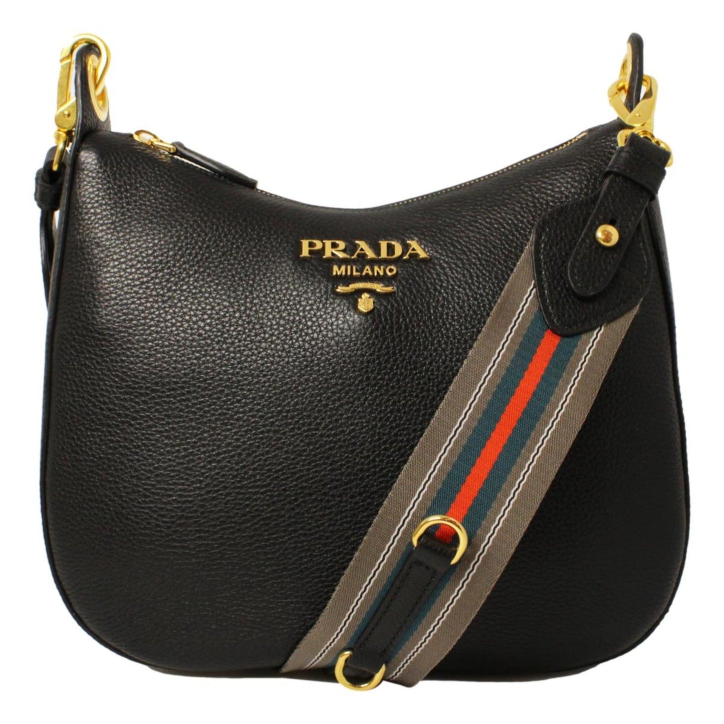 Luxury PradaBlack Vitello Phenix Leather Web Stripe Strap Crossbody