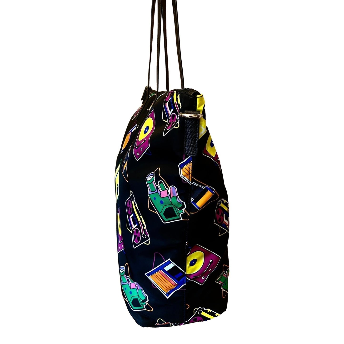 Luxury PradaCassette Print Black Nylon Convertible Shopping Tote Handbag
