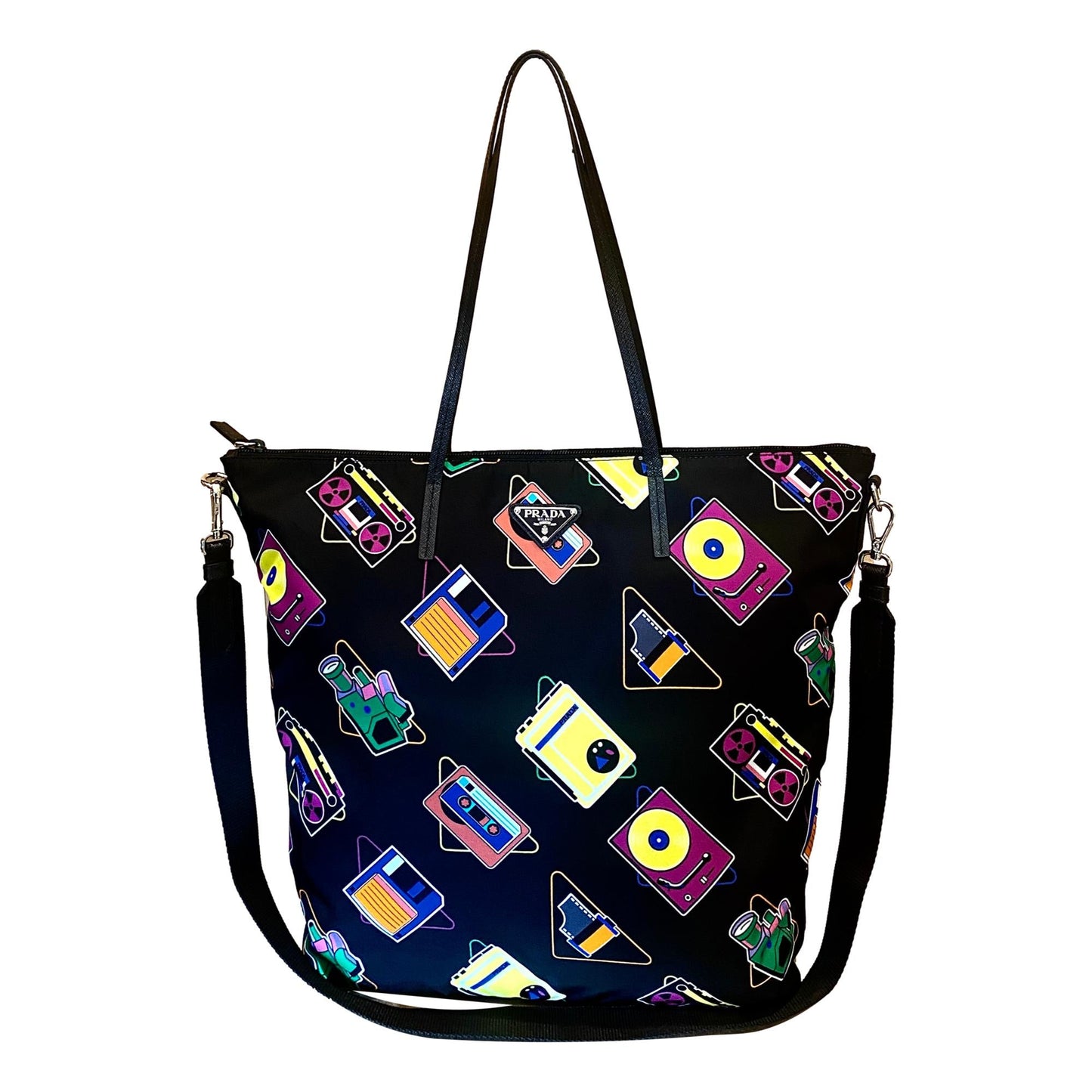 Luxury PradaCassette Print Black Nylon Convertible Shopping Tote Handbag