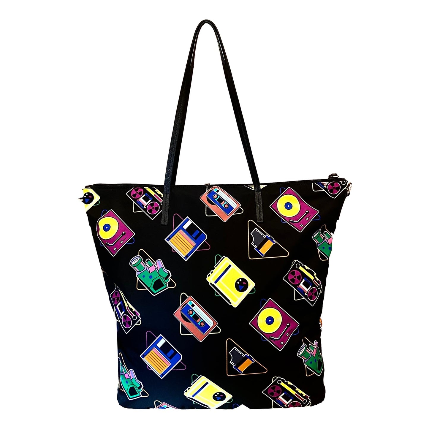 Luxury PradaCassette Print Black Nylon Convertible Shopping Tote Handbag