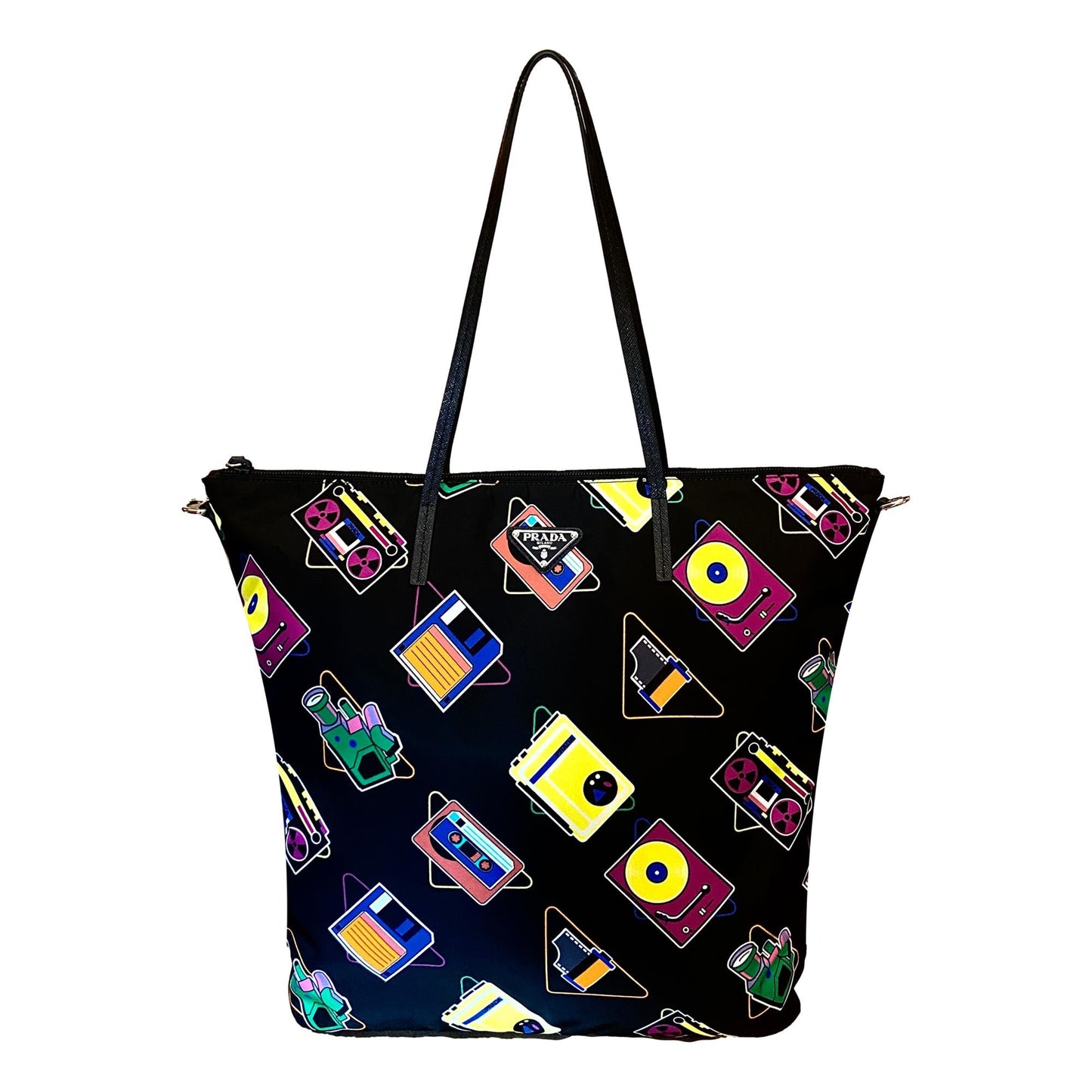 Luxury PradaCassette Print Black Nylon Convertible Shopping Tote Handbag