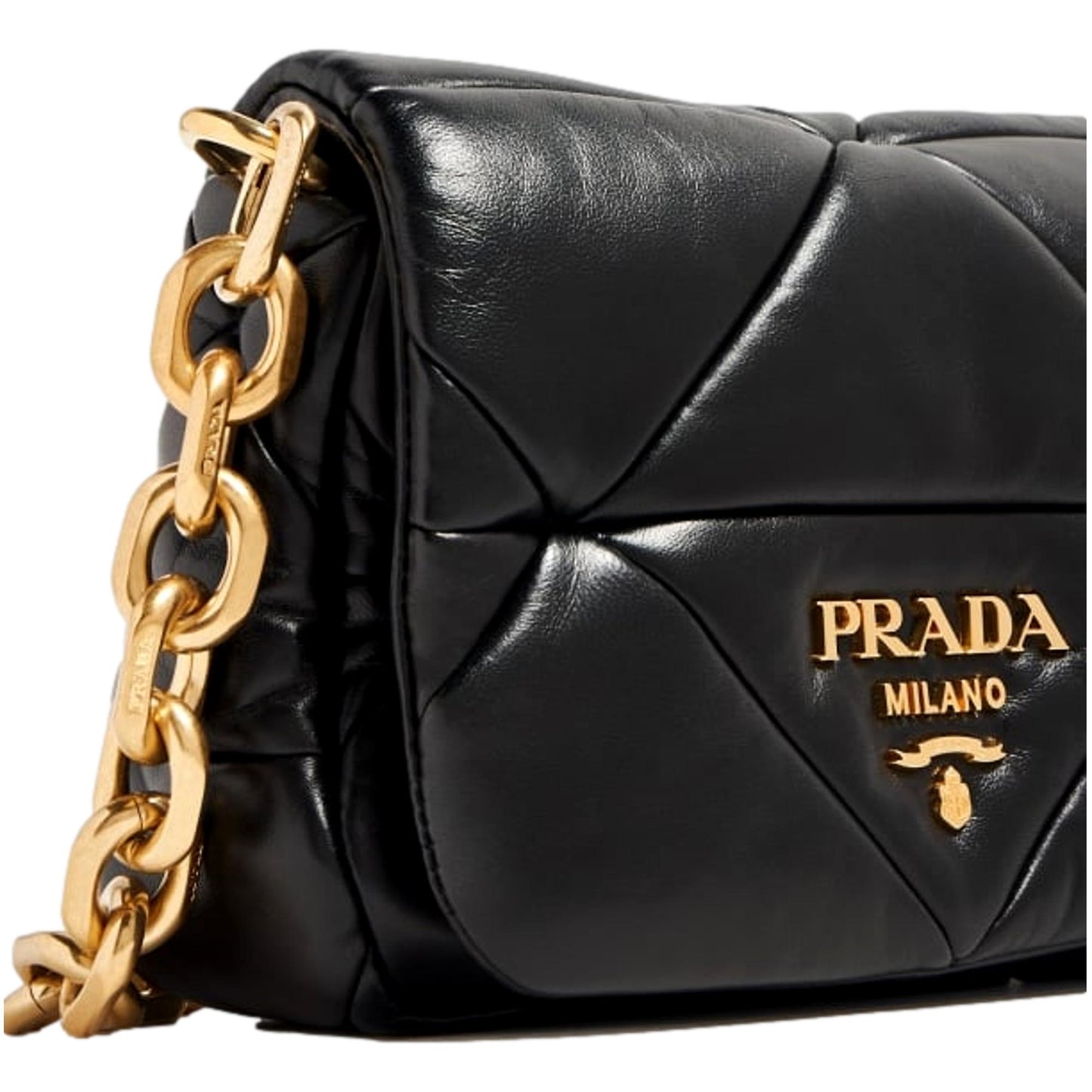 Luxury PradaGold Logo Black Quilted Nappa Patch Leather Small Shoulder Bag