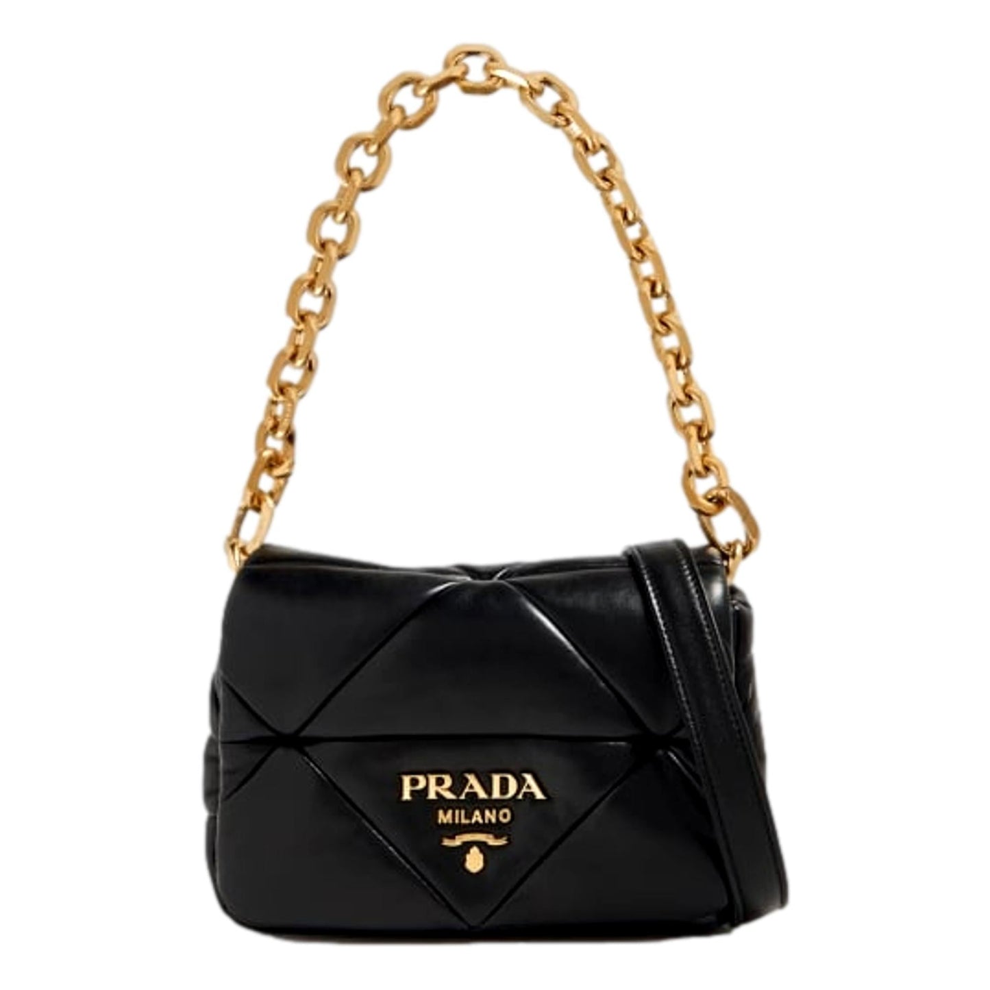 Luxury PradaGold Logo Black Quilted Nappa Patch Leather Small Shoulder Bag