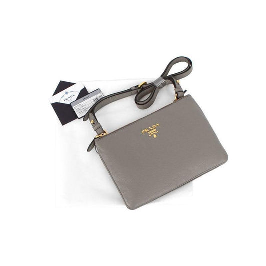 Luxury PradaVitello Phenix Argilla Gray Leather Logo Plaque Crossbody Bag
