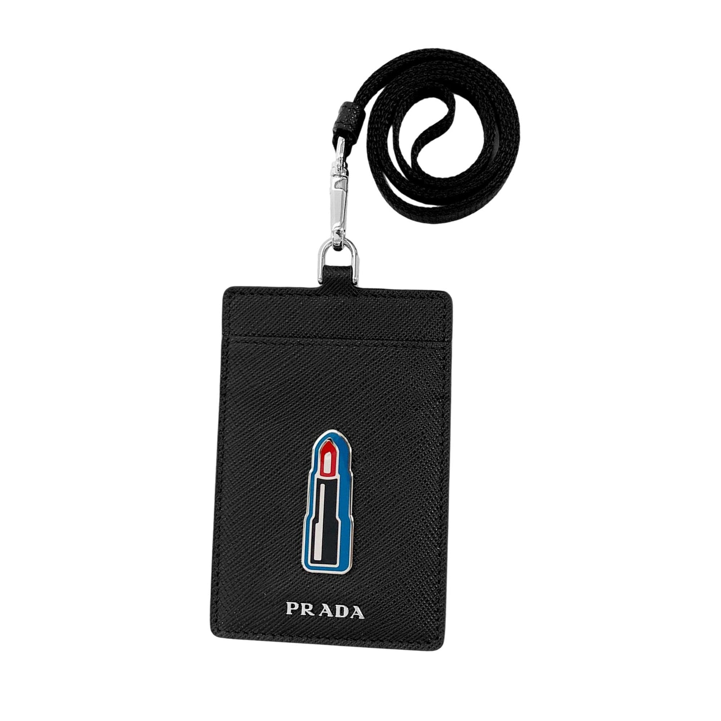 Luxury PradaLipstick Plaque Black Saffiano Leather ID Cardholder Lanyard