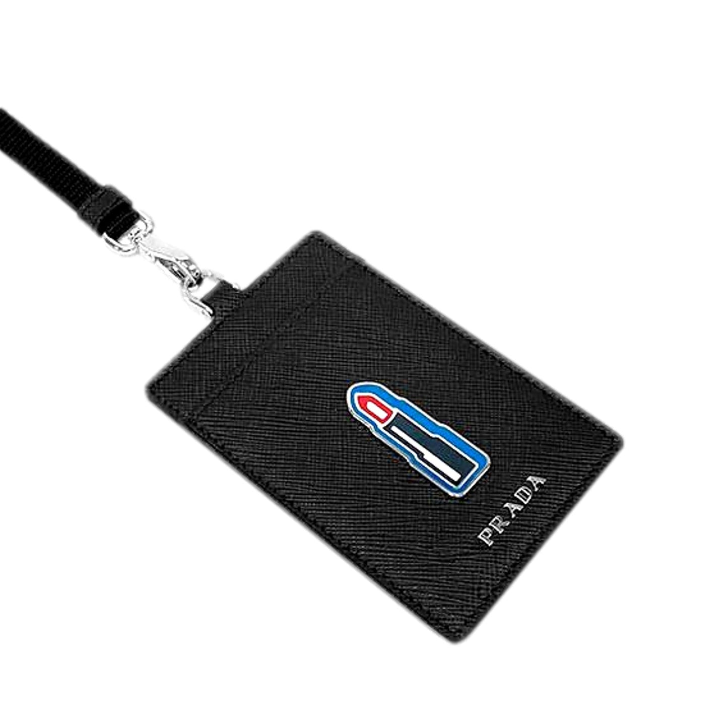 Luxury PradaLipstick Plaque Black Saffiano Leather ID Cardholder Lanyard
