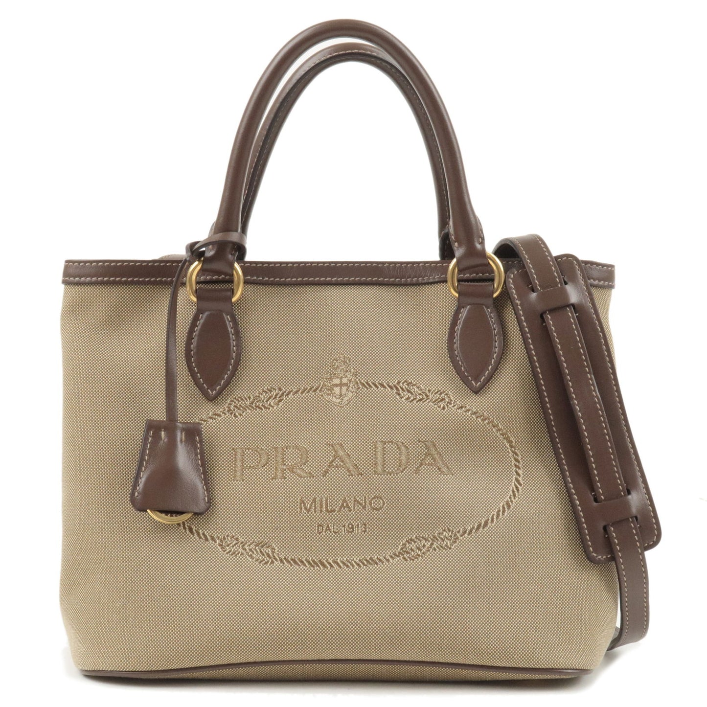 Luxury PradaLogo Jacquard Beige Canvas Leather Trim Crossbody Satchel Bag