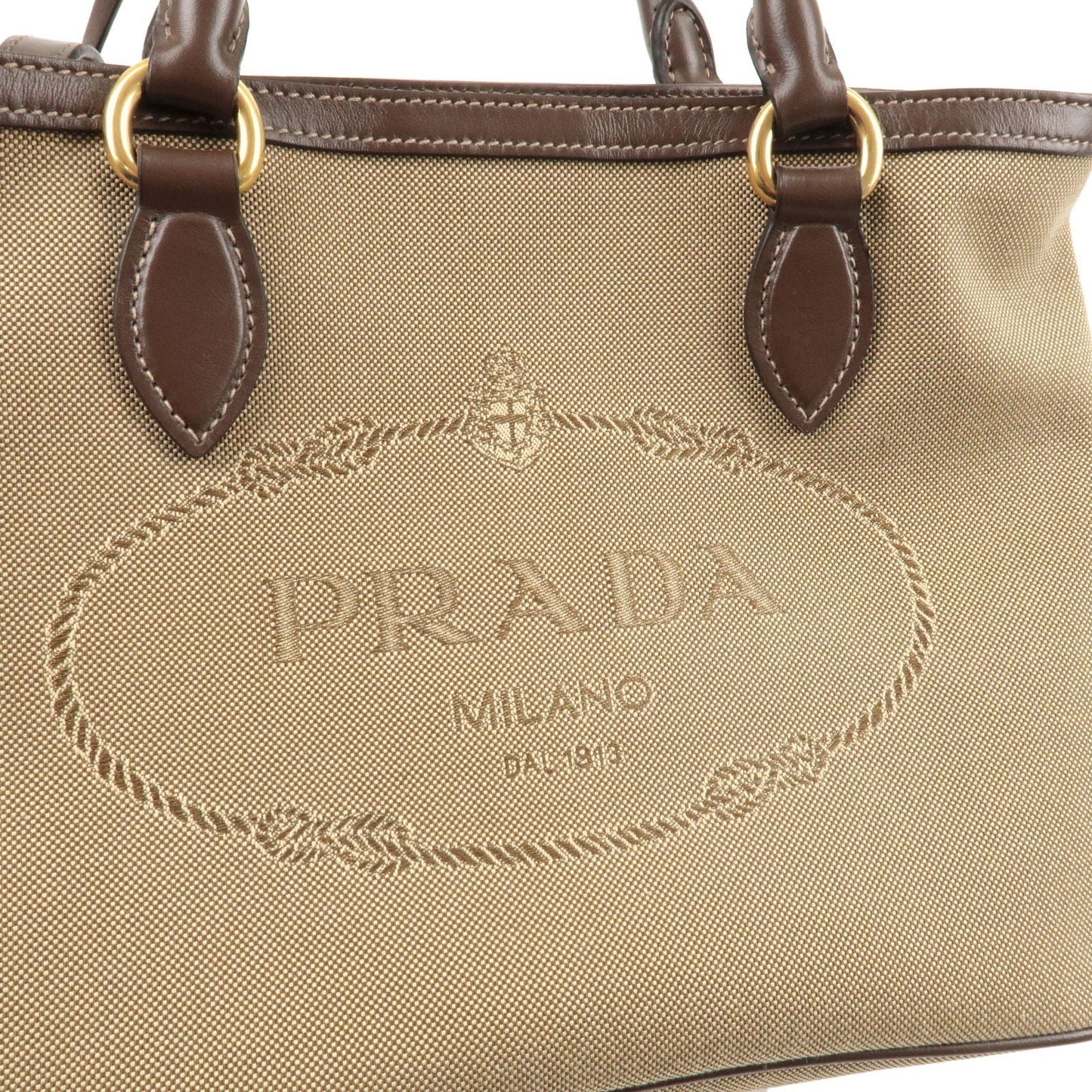 Luxury PradaLogo Jacquard Beige Canvas Leather Trim Crossbody Satchel Bag