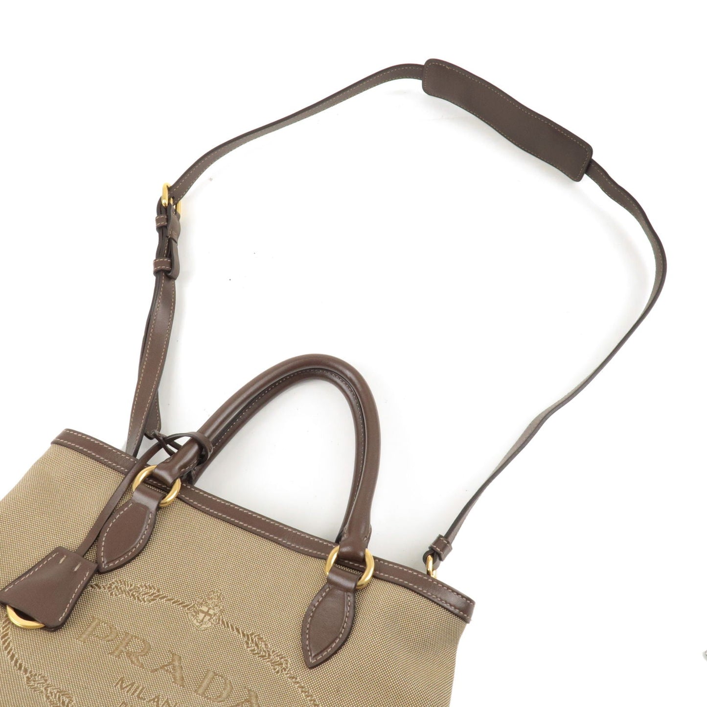 Luxury PradaLogo Jacquard Beige Canvas Leather Trim Crossbody Satchel Bag