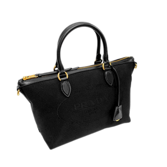 Luxury PradaLogo Jacquard Black Canvas Satchel Crossbody