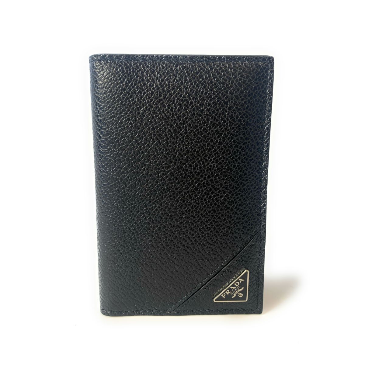 Luxury PradaVitello Grain Black Leather Triangle Logo Vertical Bifold Wallet