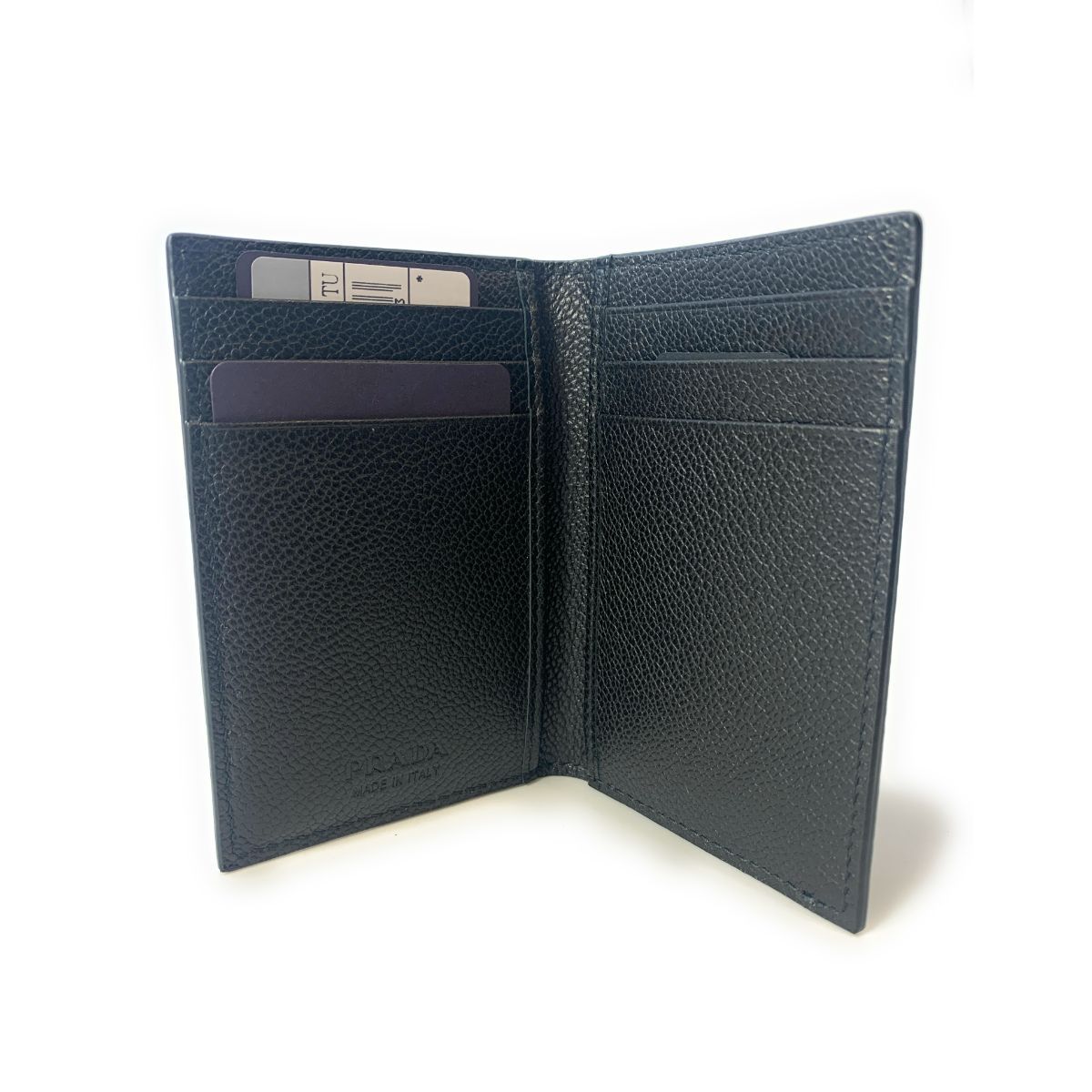 Luxury PradaVitello Grain Black Leather Triangle Logo Vertical Bifold Wallet
