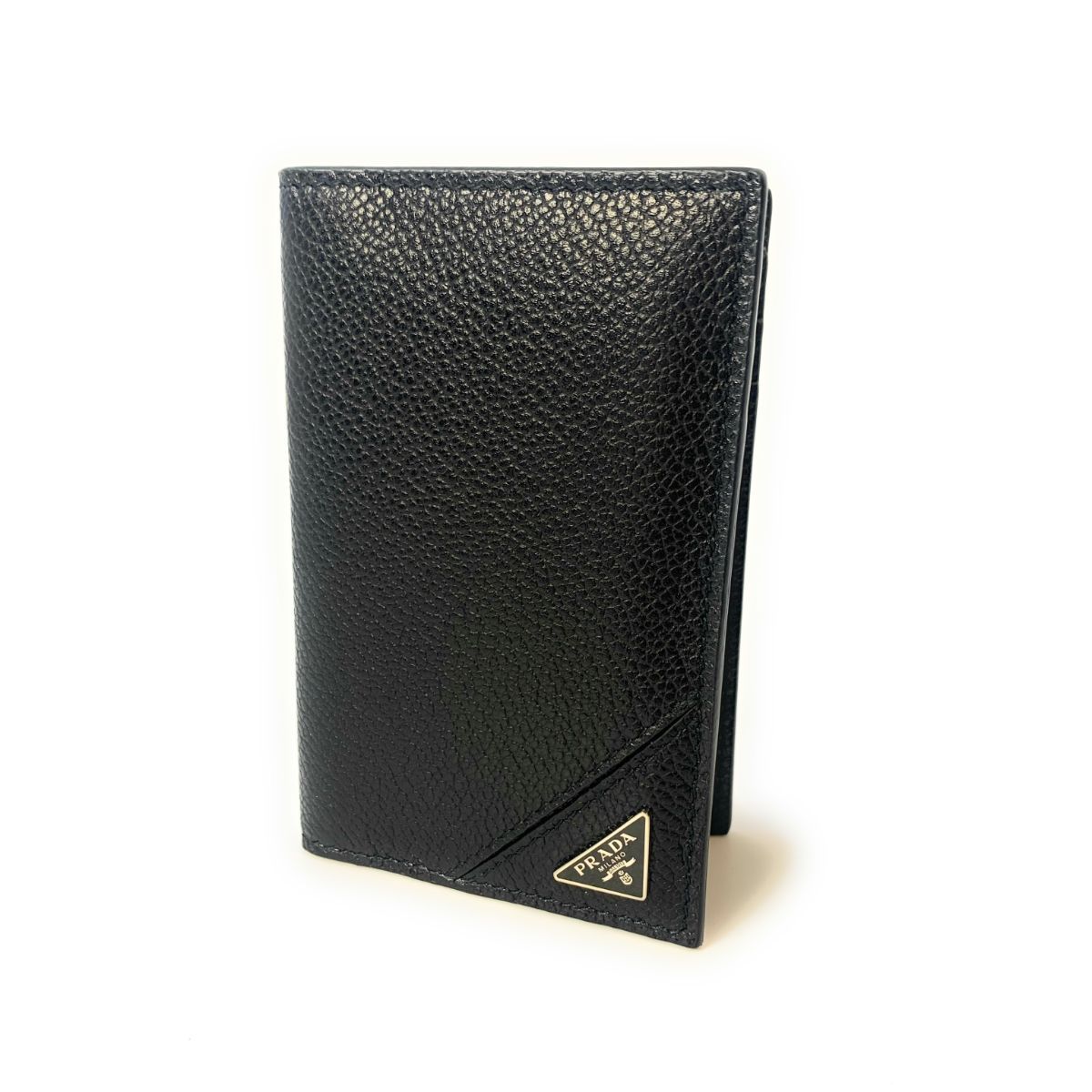 Luxury PradaVitello Grain Black Leather Triangle Logo Vertical Bifold Wallet