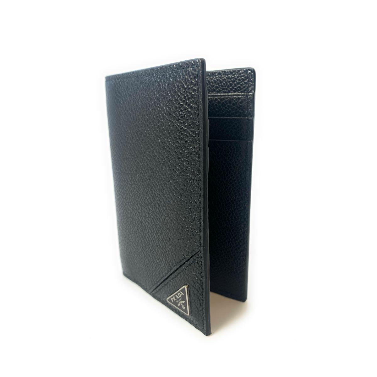 Luxury PradaVitello Grain Black Leather Triangle Logo Vertical Bifold Wallet