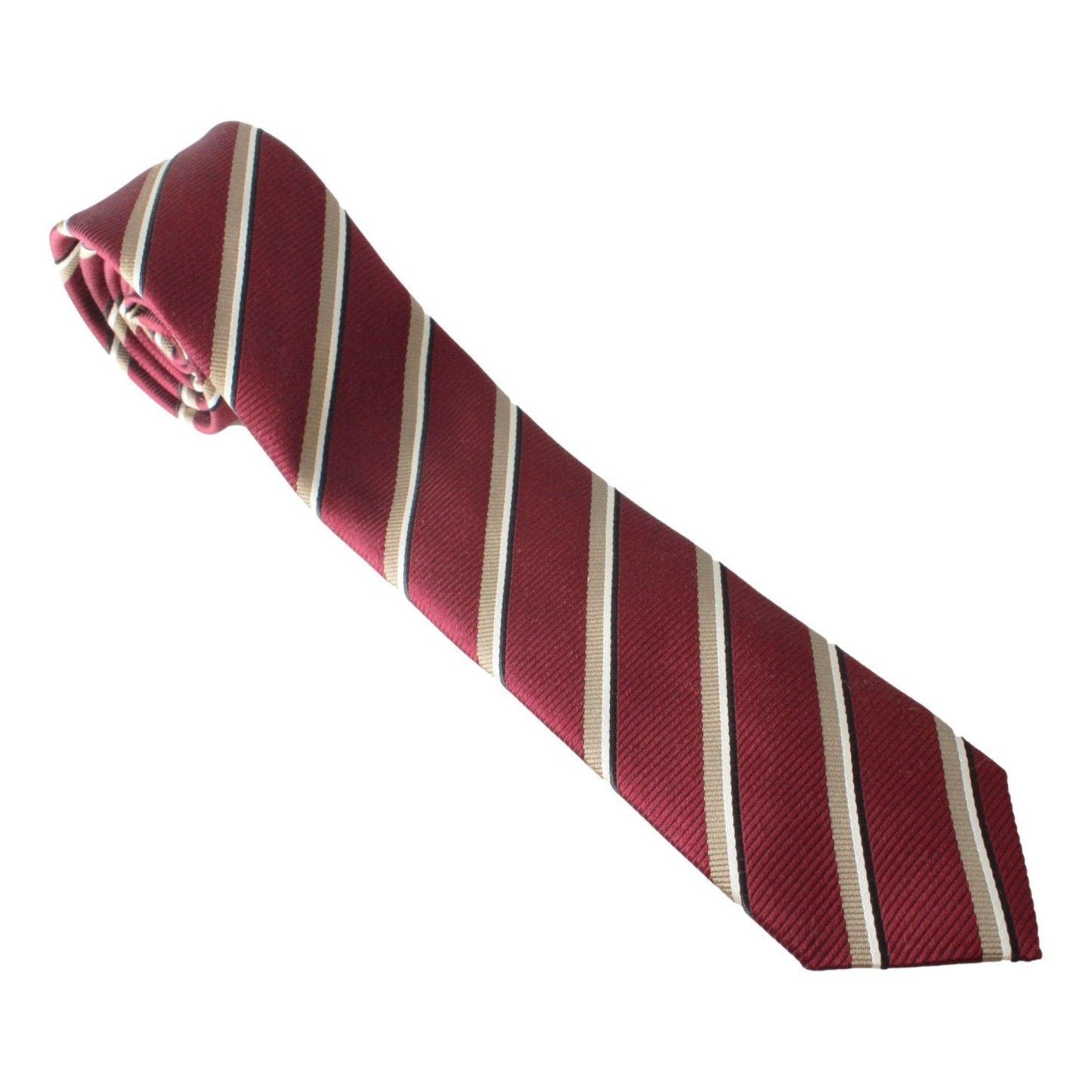 Luxury PradaMens Neck Tie 100% Silk Bordeaux Red Gold Stripe Classic Pattern