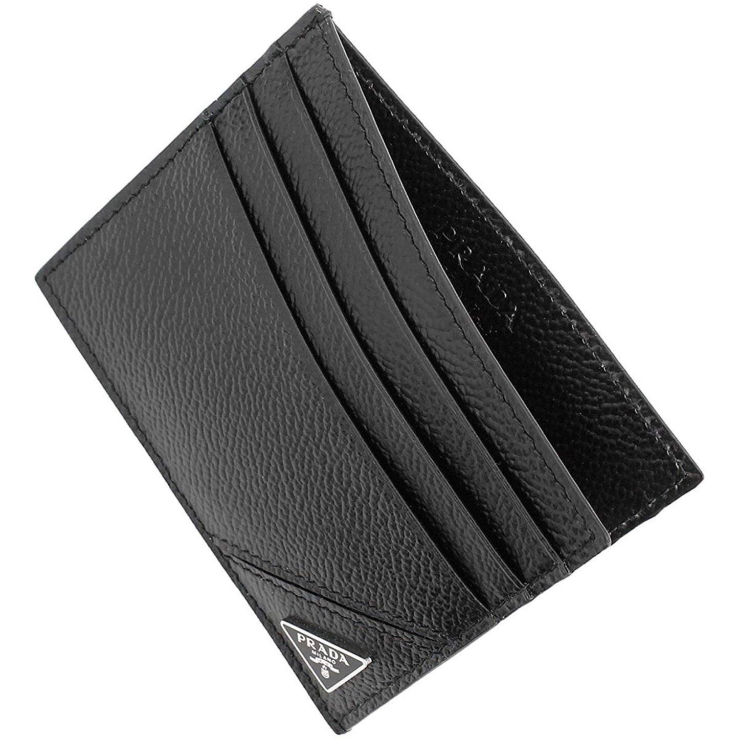 Luxury PradaVitello Micro Grain Black Triangle Logo Cardholder Wallet