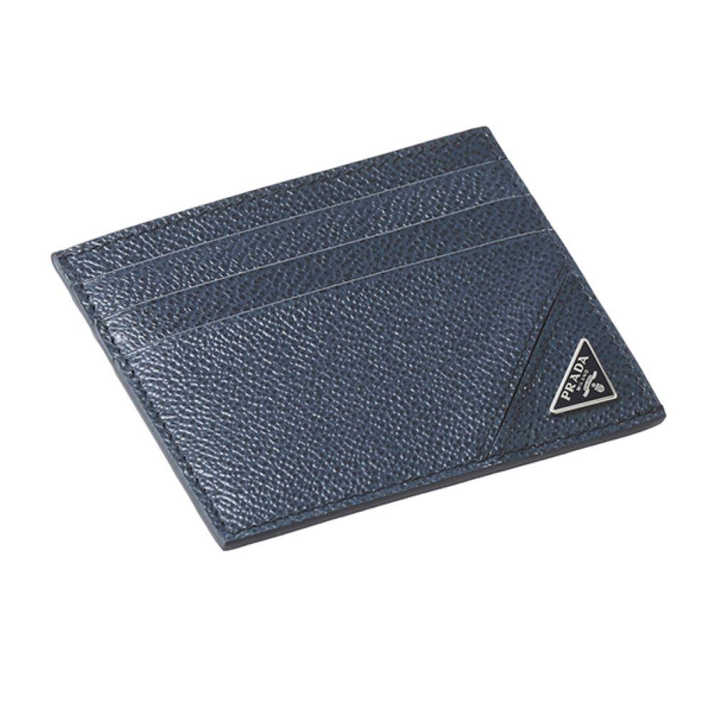 Luxury PradaVitello Micro Grain Navy Triangle Logo Cardholder Wallet