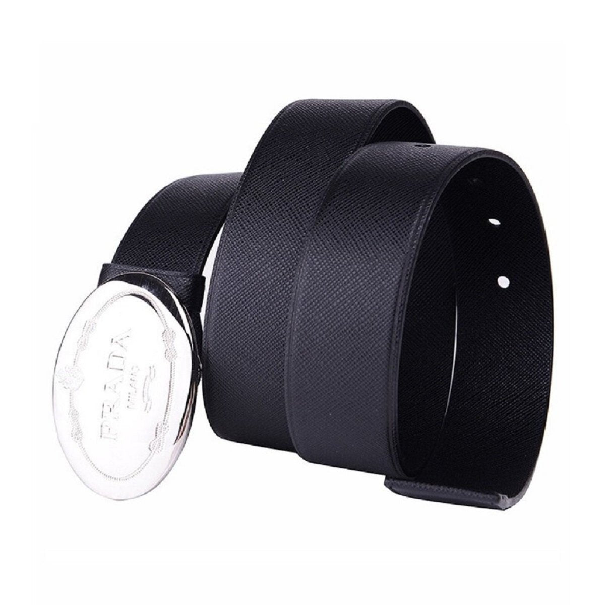 Luxury PradaMens Navy Saffiano Leather Belt  Silver Oval Buckle Belt Size 90-36