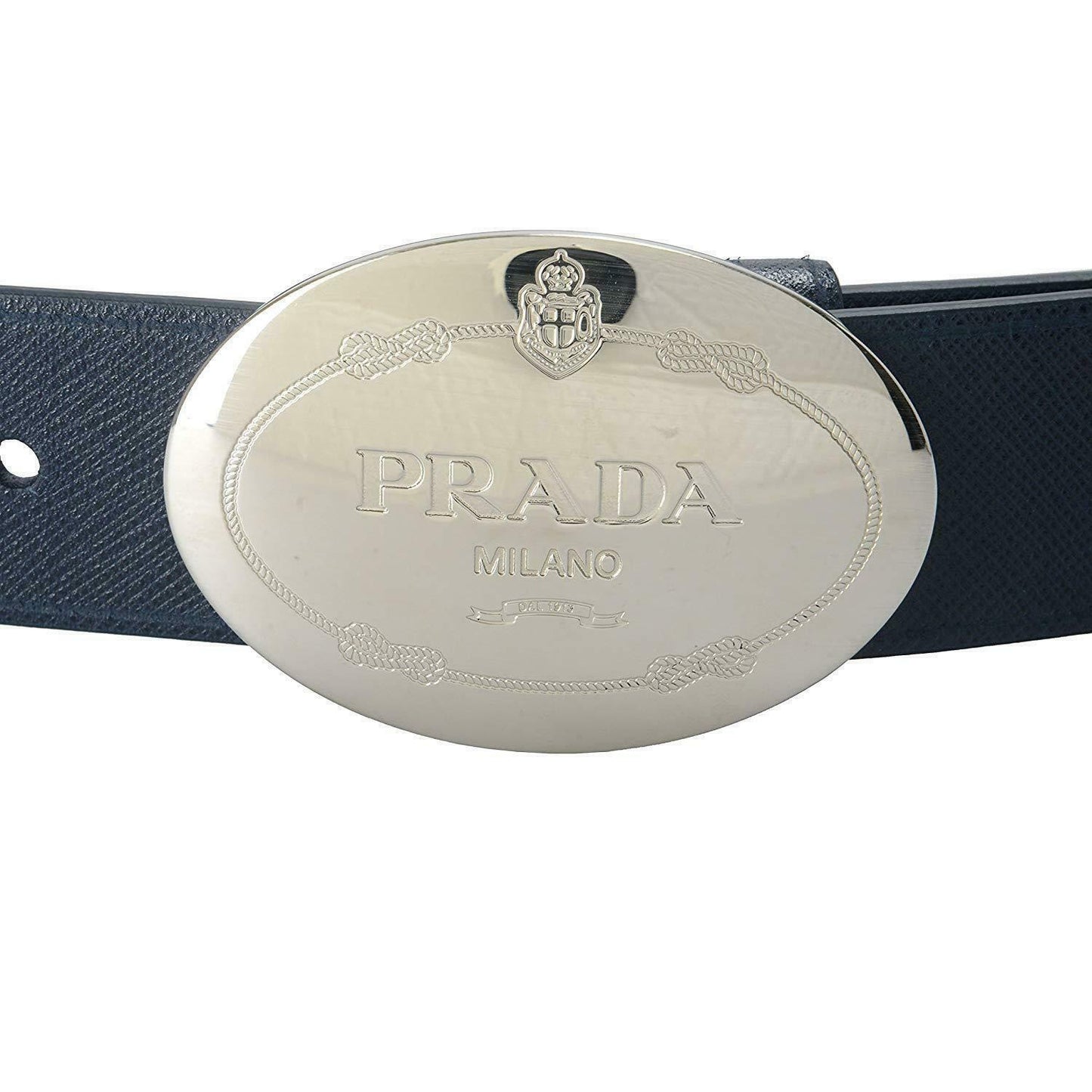 Luxury PradaMens Navy Saffiano Leather Belt  Silver Oval Buckle Belt Size 90-36