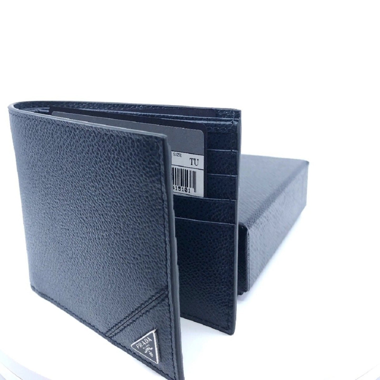 Luxury PradaVitello Micro Grain Navy Blue Leather Triangle Logo Bifold Wallet