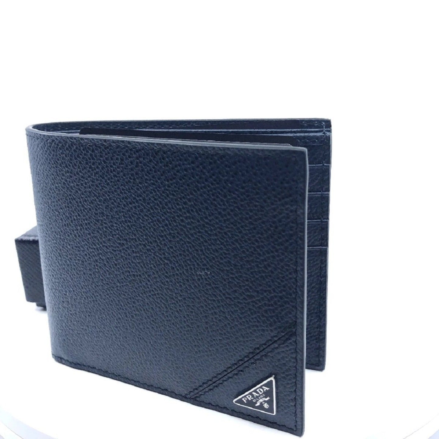 Luxury PradaVitello Micro Grain Navy Blue Leather Triangle Logo Bifold Wallet