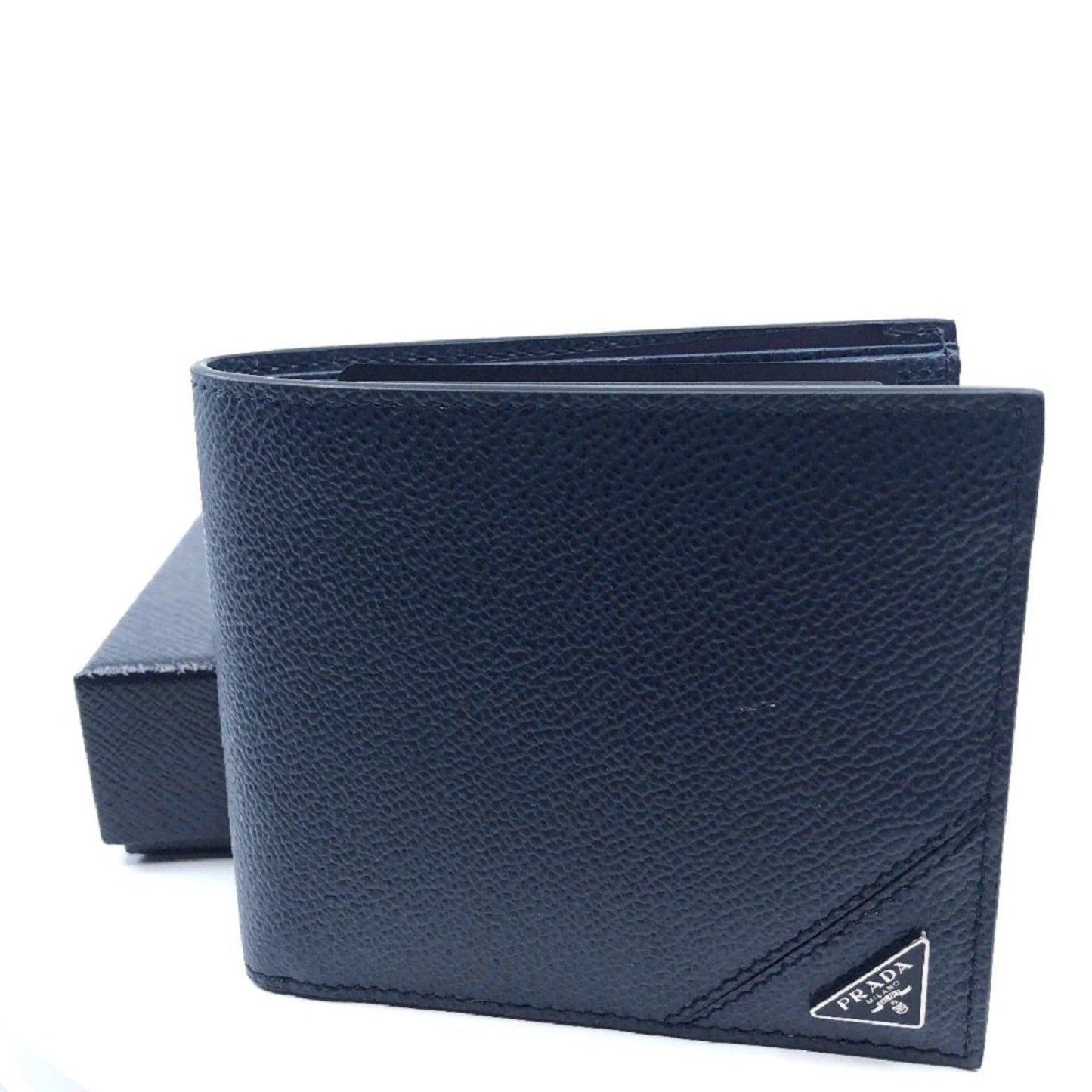 Luxury PradaVitello Micro Grain Navy Blue Leather Triangle Logo Bifold Wallet