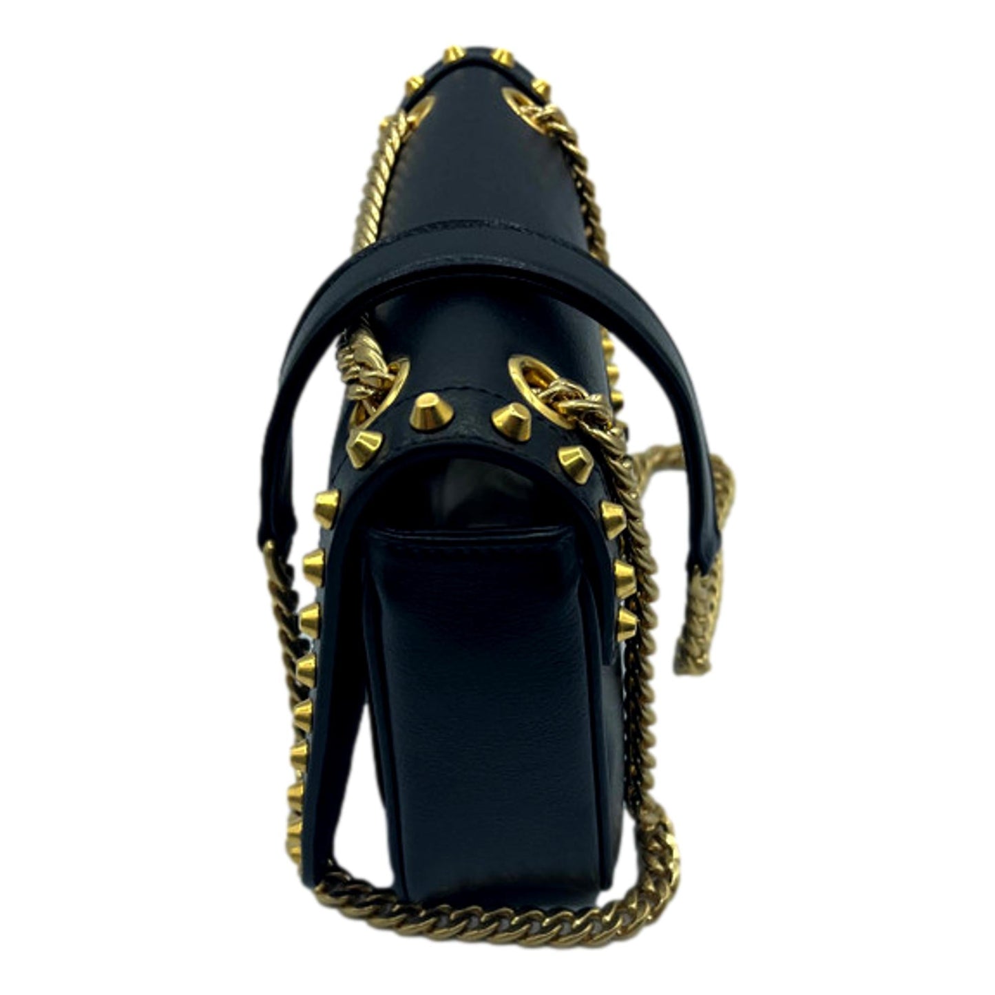 Luxury PradaPattina Black Calf Leather Studded Flap Chain Crossbody Bag