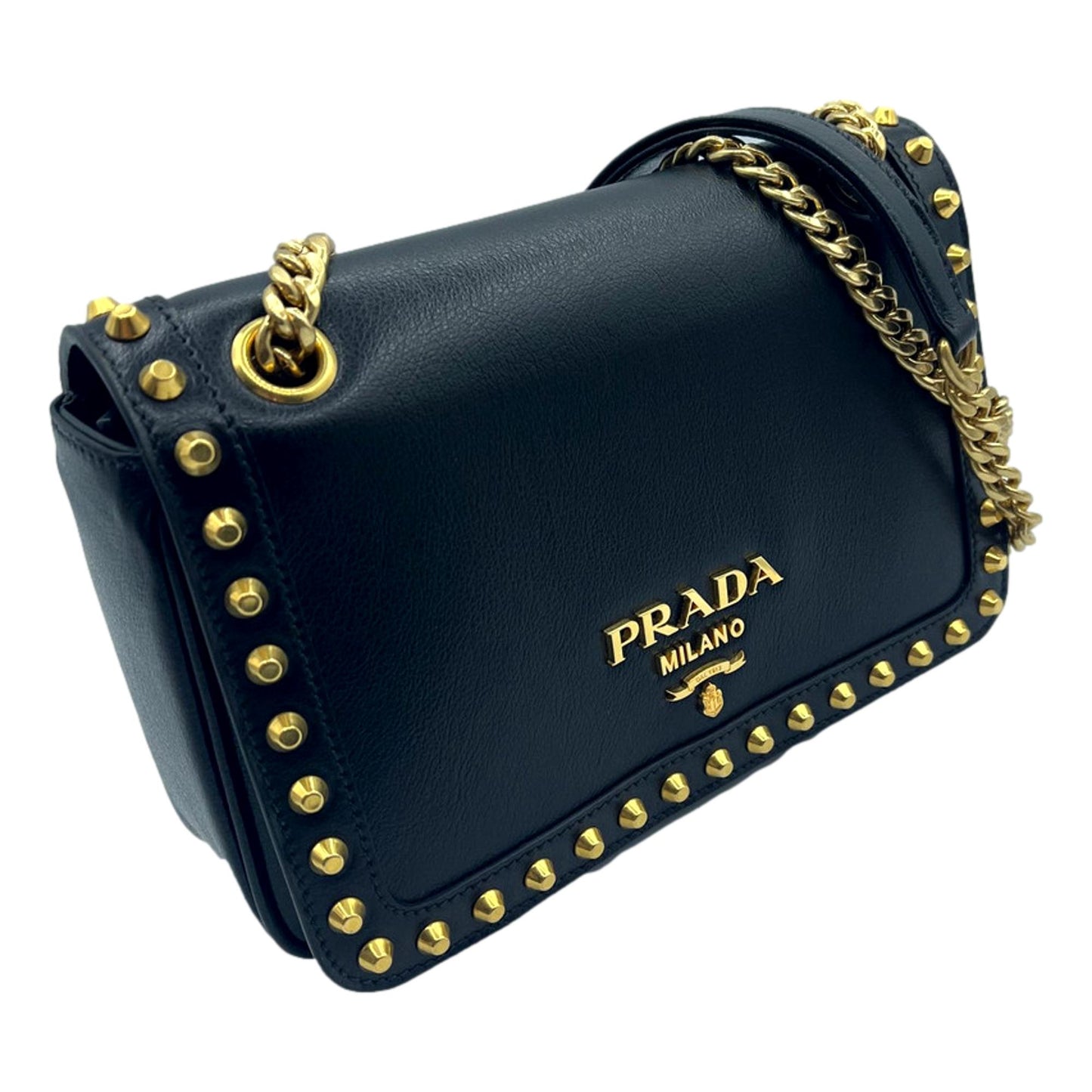 Luxury PradaPattina Black Calf Leather Studded Flap Chain Crossbody Bag