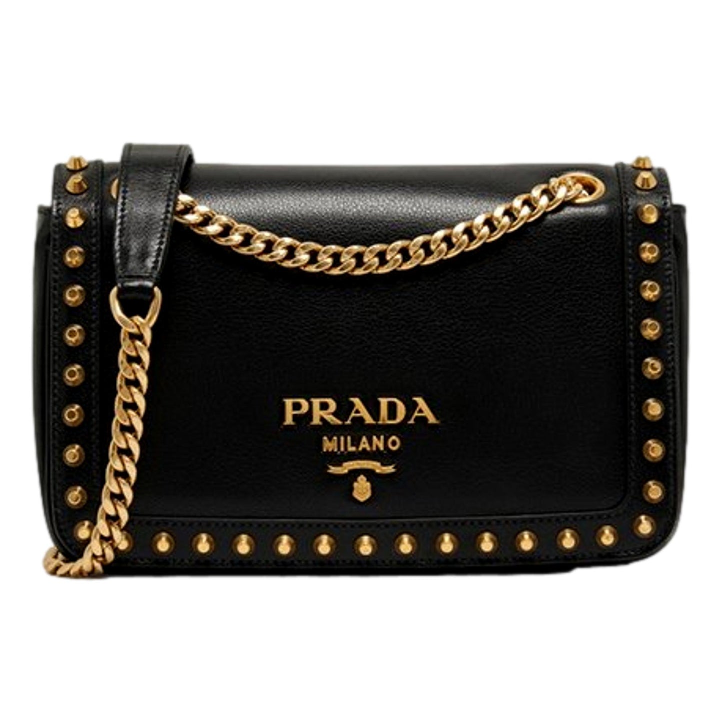 Luxury PradaPattina Black Calf Leather Studded Flap Chain Crossbody Bag