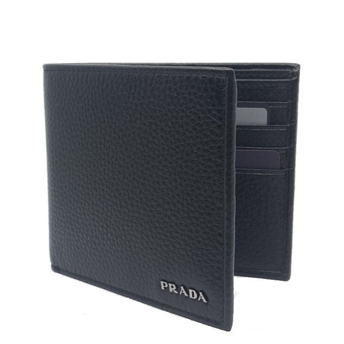 Luxury PradaPortaf. Orizzontale Nero Black Vitello Grain Leather Wallet