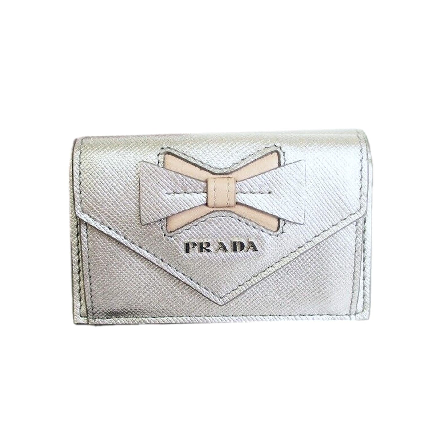 Luxury PradaRibbon Saffiano Metallic Silver and Beige Leather Trifold Wallet