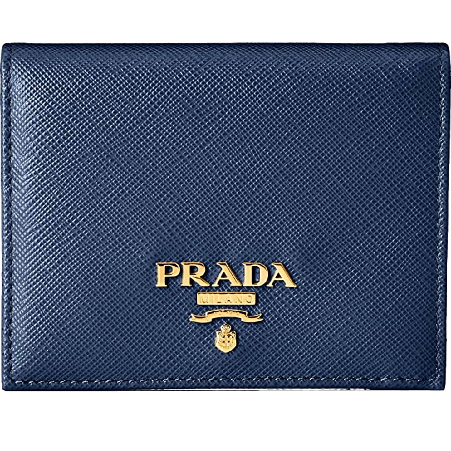 Luxury PradaSaffiano Baltico Blue Leather Gold Logo Bifold Snap Wallet