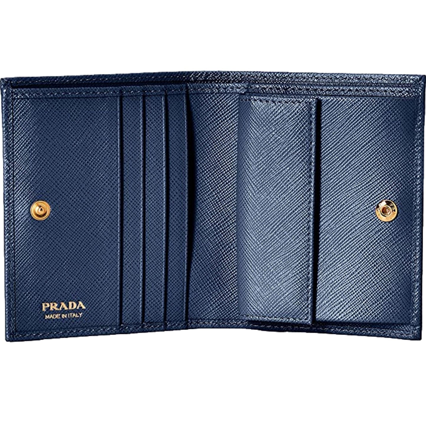 Luxury PradaSaffiano Baltico Blue Leather Gold Logo Bifold Snap Wallet