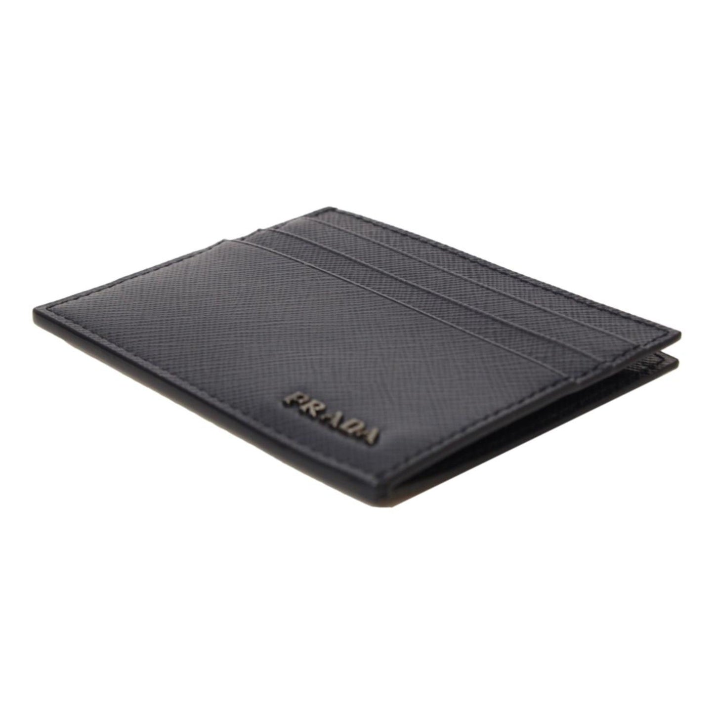 Luxury PradaSaffiano Mens Baltico Blue Credit Card Wallet Silver Logo
