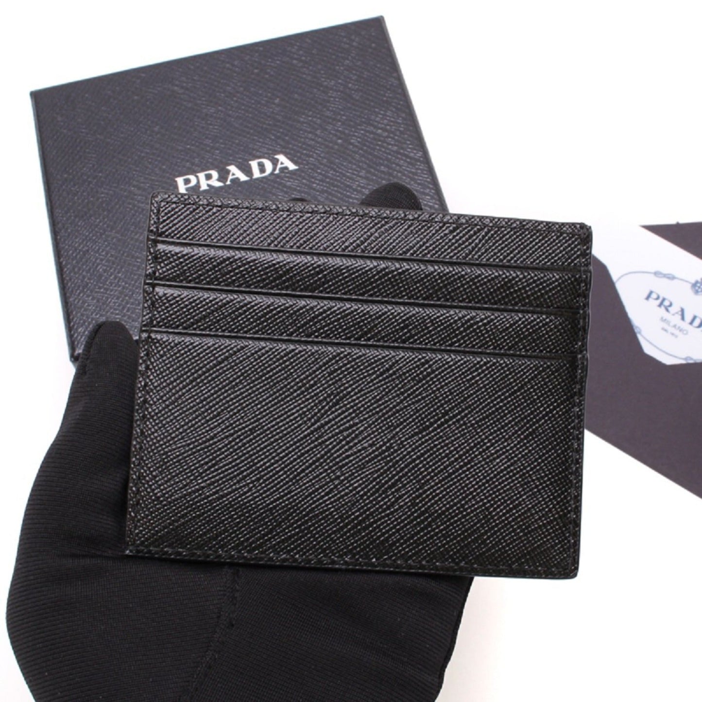 Luxury PradaSaffiano Nero Black - Gray Card Holder Silver Logo