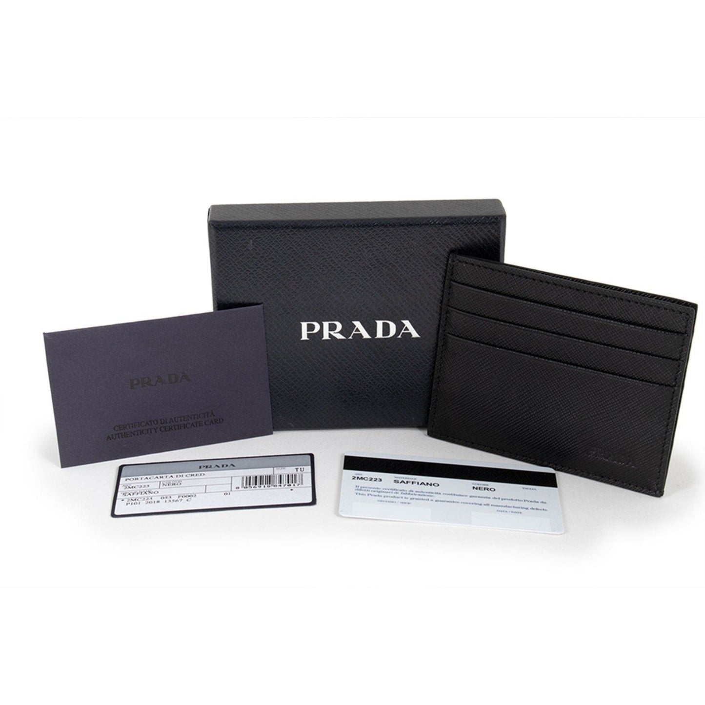 Luxury PradaSaffiano Nero Black - Gray Card Holder Silver Logo