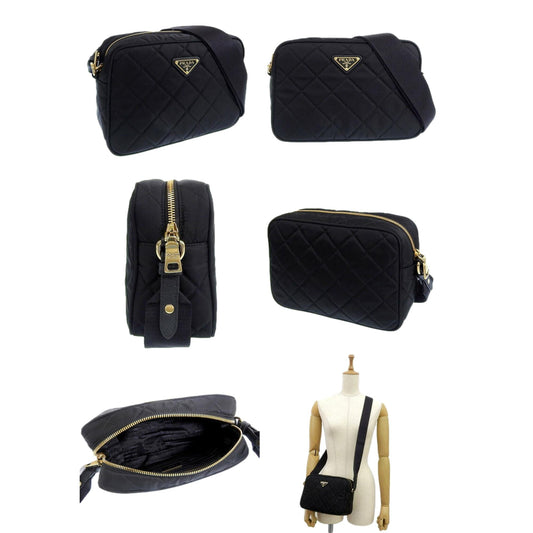 Luxury PradaTessuto Black Quilted Nylon Triangle Logo Camera Crossbody Bag