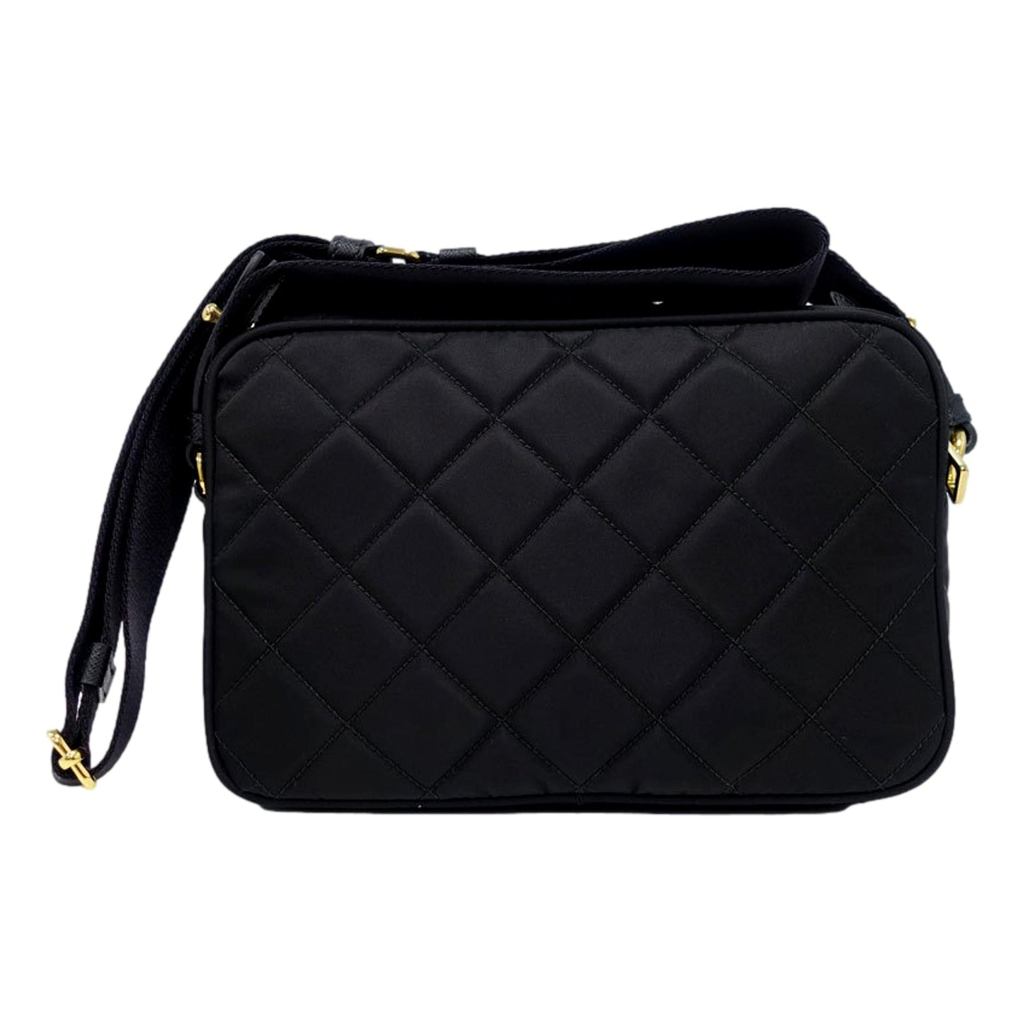 Luxury PradaTessuto Black Quilted Nylon Triangle Logo Camera Crossbody Bag
