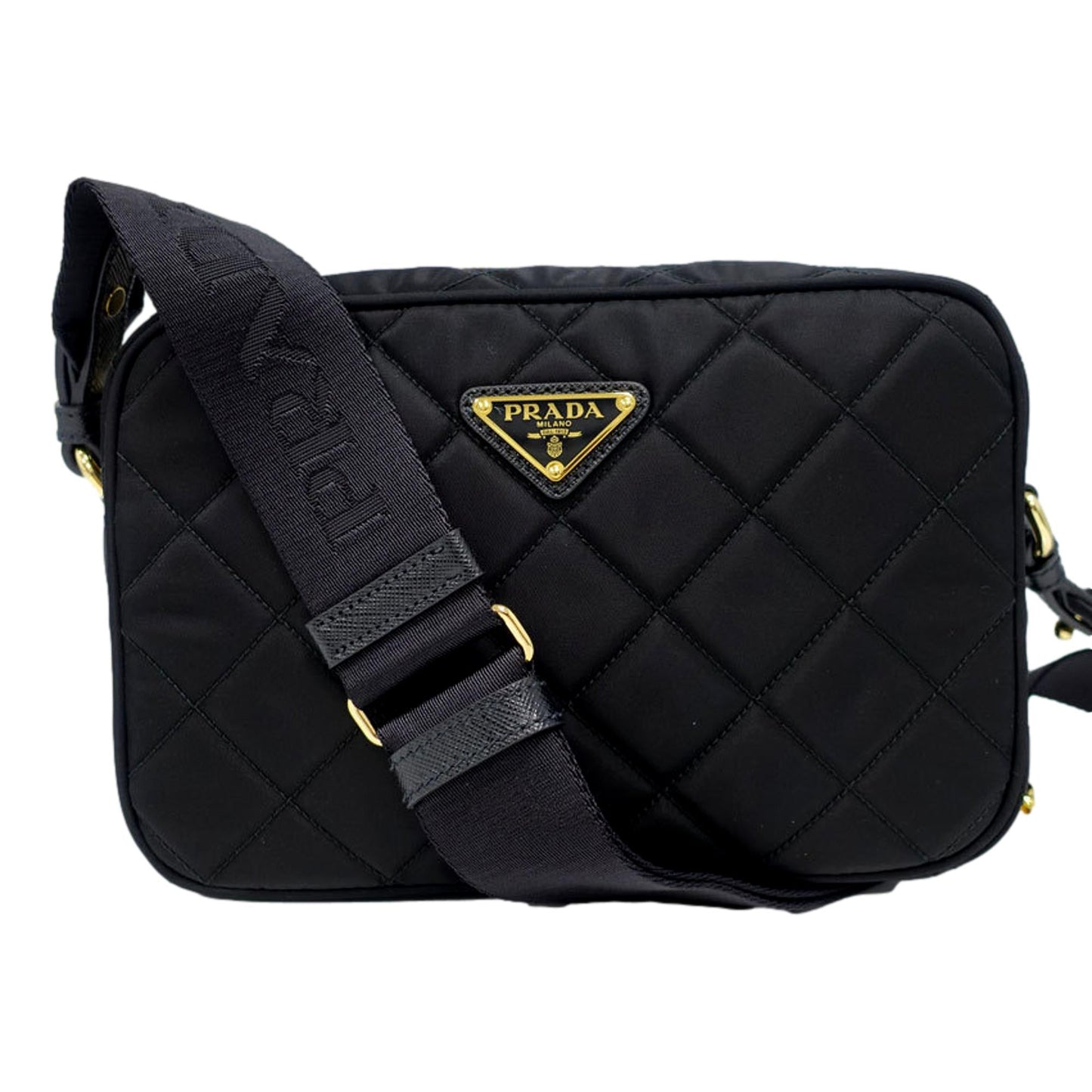 Luxury PradaTessuto Black Quilted Nylon Triangle Logo Camera Crossbody Bag