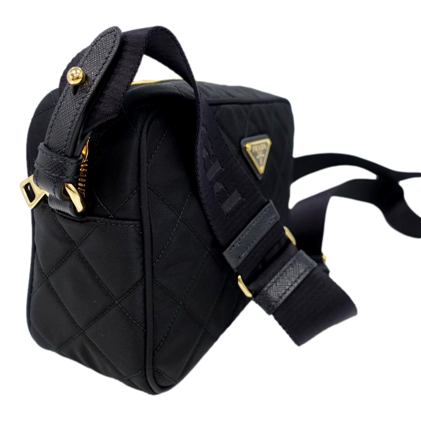 Luxury PradaTessuto Black Quilted Nylon Triangle Logo Camera Crossbody Bag