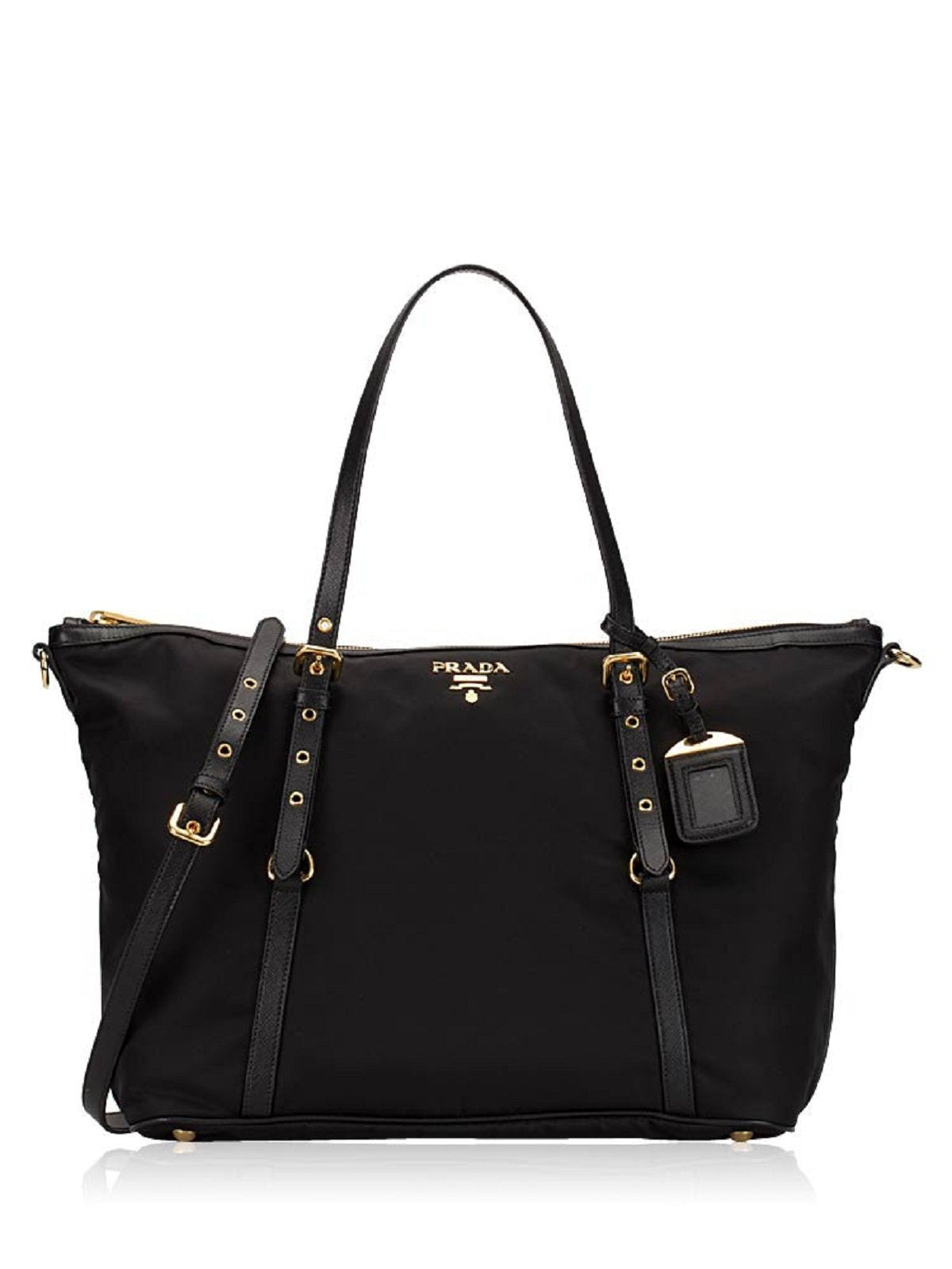 Luxury PradaTessuto Nylon Saffiano Leather Black Top Zip Tote Bag