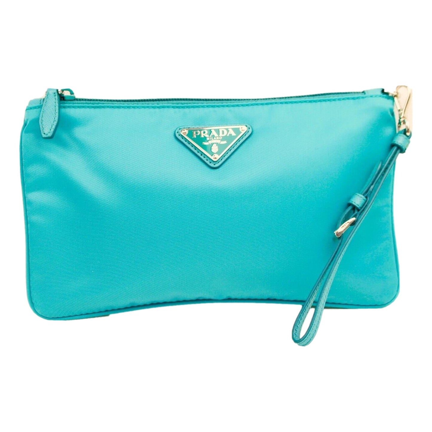 Luxury PradaTessuto Turquoise Nylon Cosmetic Case Wristlet Clutch Bag