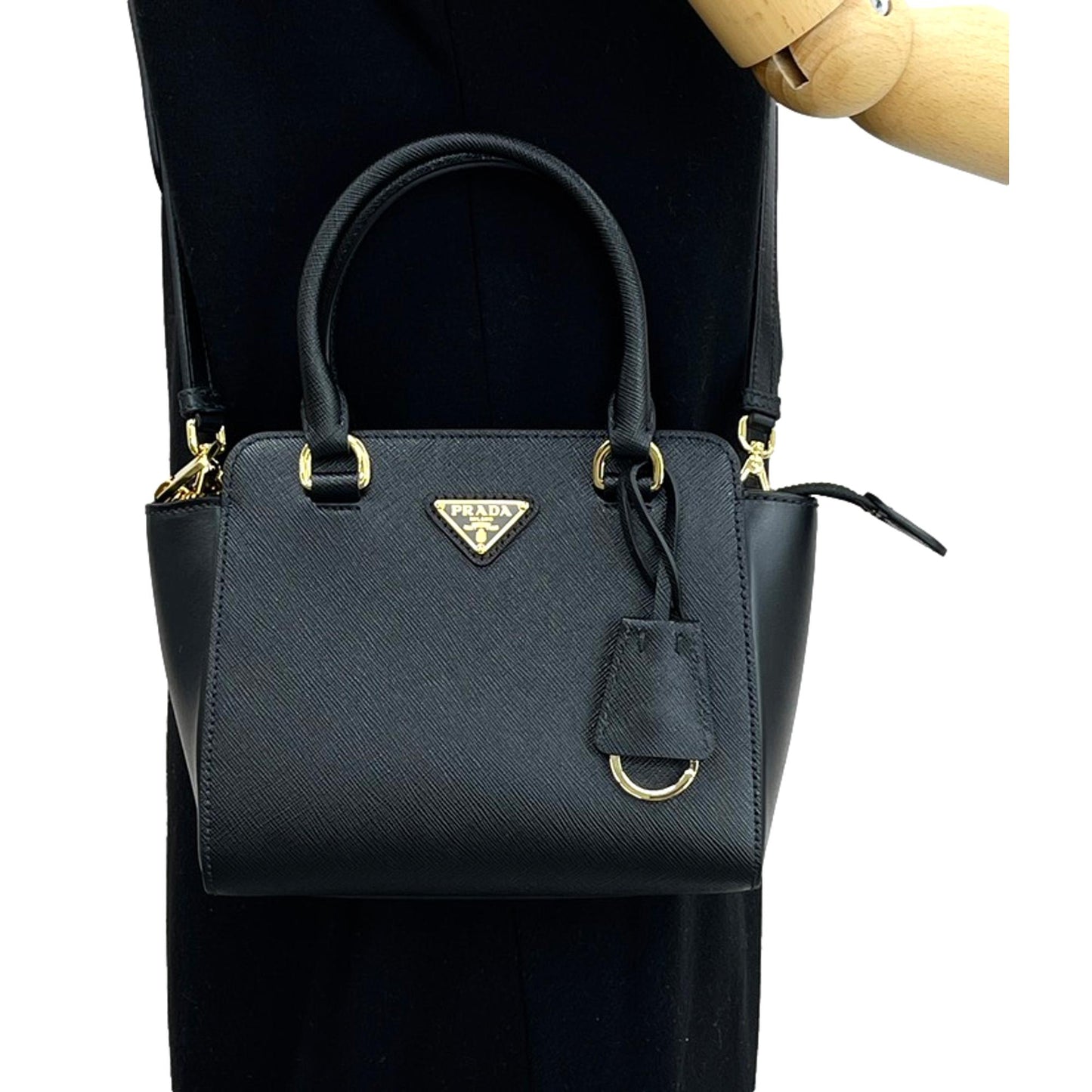 Luxury PradaTriangle Logo Black Saffiano Lux Leather Crossbody Tote Bag