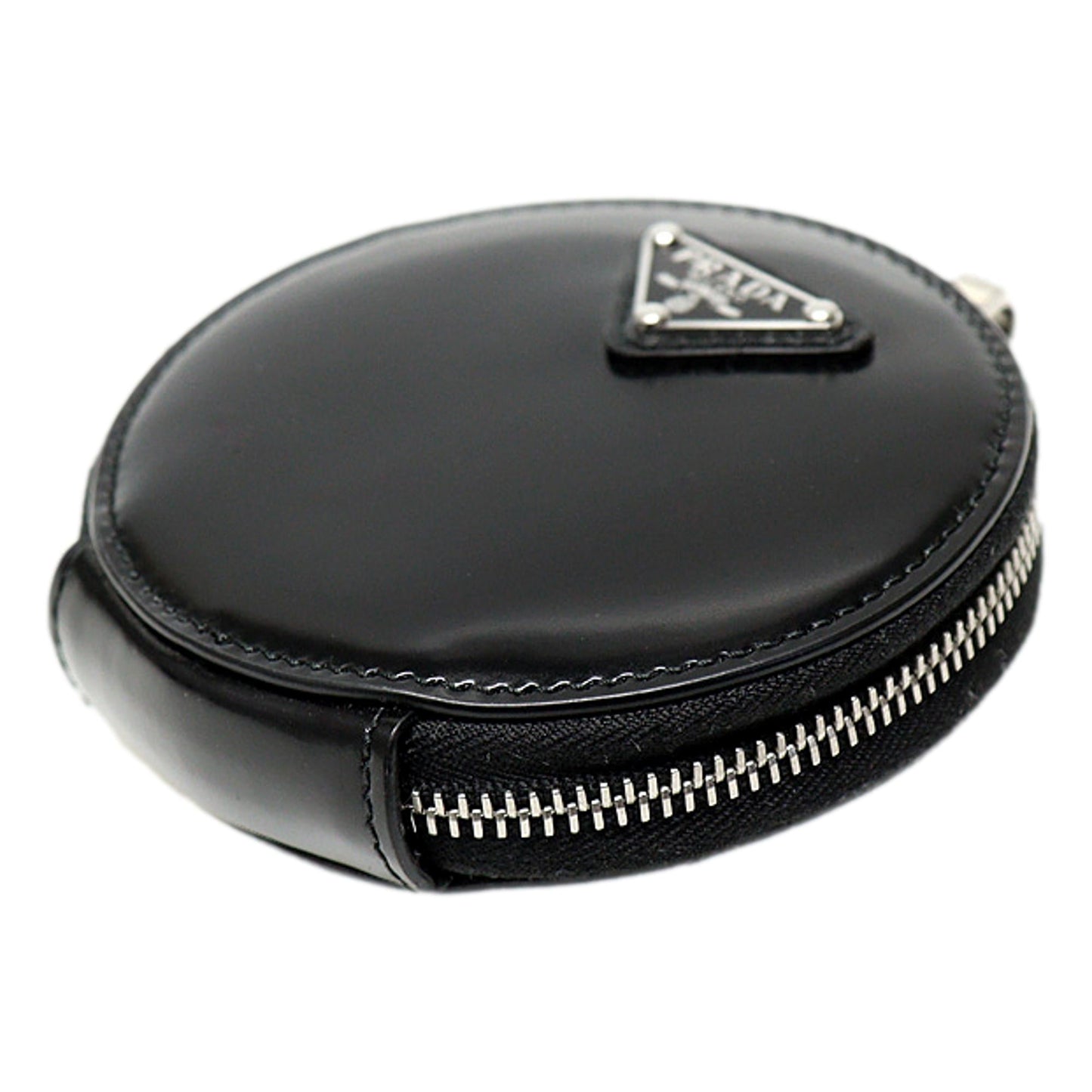 Luxury PradaTriangle Plaque Smooth Black Leather Round Mini Pouch Keychain